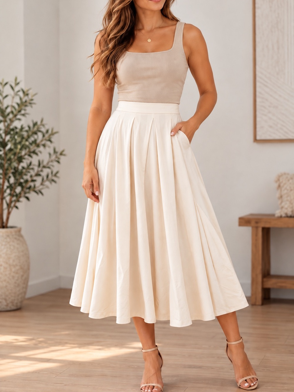 OGL Cream A-Line Pleated Midi Skirt - Picture 2 of 7